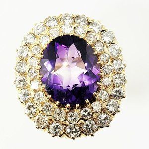14 Karat Yellow Gold Amethyst and Diamond Ring